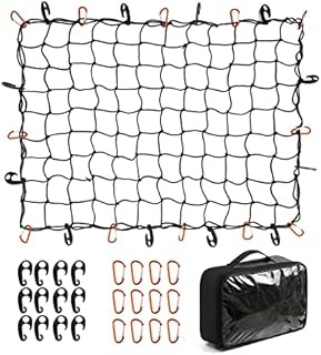 CZC AUTO Bungee Cargo Net 91x122cm Truck Bed Net Stretches to 183x244cm for Pickup Trailer RV SUV Boat |7.6x7.6cm Mesh Net Holds Small and Large|12 Tangle Free Carabiners & 12 Plastic Hooks|Super Duty