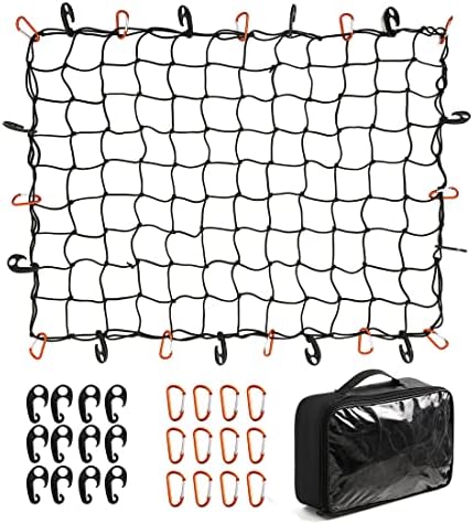 CZC AUTO Bungee Cargo Net 3x4Ft Truck Bed Net Stretches to 6x8Ft for Pickup Trailer RV SUV Boat |3x3Inch Mesh Net Holds Small and Large|12 Tangle Free Carabiners & 12 Plastic Hooks|Super Duty