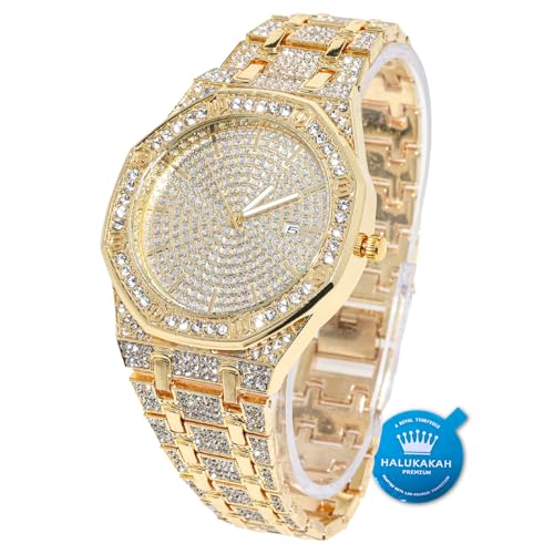 Halukakah Diamonds Gold Watch Iced Out,Men's 18K Real Gold Plated 40MM Width Octagonal Round Dial Quartz Wristband 8.7
