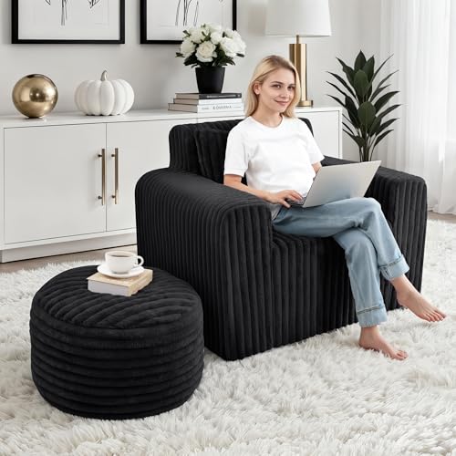 HABUTWAY Bean Bag Chair for Adults with Pillow, Giant Bean Bag Chairs with Ottoman, Comfy Dorm Chair with High Backrest & Wider Armrest, Lounger Chair Indoor for Bedroom Living Room(Black) — view 6