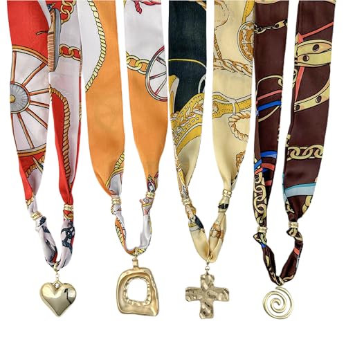 D95BROS Scarf Necklace with Chunky Charms 4 Pack, Silk Bandana