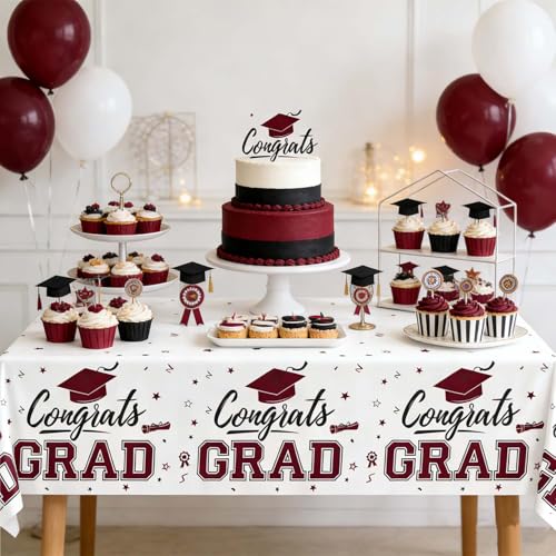 Image of Oigco 2 Pack Maroon Graduation Tablecloths, Graduation Decorations Class of 2026, Congrats Grad Plastic Table Cloths for Graduation Party Decorations, 54 x 108 Inch