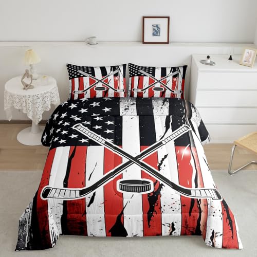 Feelyou Ice Hockey Comforter Set Kids American Flag Bedding Set Black Red White Comforter for Women Men Room Decor Lightweight Sport Theme Quilt Set with 2 Pillow Case