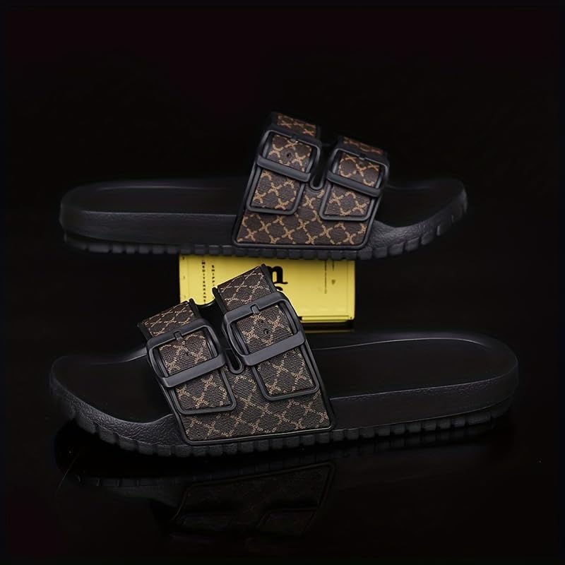Men's Summer 2024 Open-Toe Slides - Non-Slip, Odor-Resistant with Soft EVA Sole, Casual Outdoor Flip-Flops in Black and Brown Geometric Pattern2