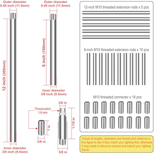Image of M10 Threaded Extension Poles, 5 PCS 12-inch & 10 PCS 6-inch Lighting Fixture Downrods Stems & 180 Degrees Sloped Ceiling Adapter Kits for Pendant Light, Island Lighting, Chandeliers (Chrome)