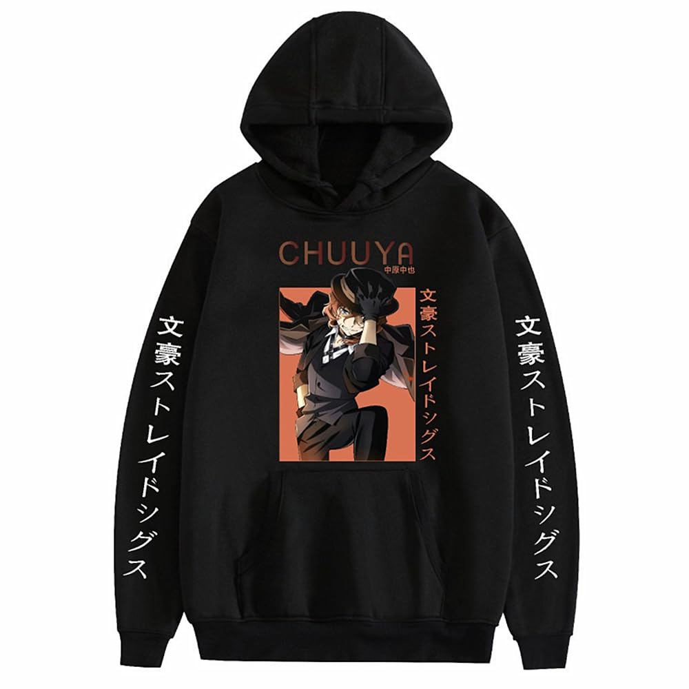 Charous Anime Bungo Stray Dogs Cosplay Nakahara Chuuya Thickened Warm Cartoon Print Hoodie Sweatshirt Used For Manga Fans Black