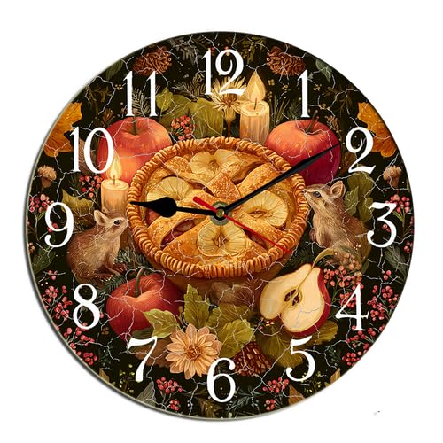 Horienteeon Reloj de pared con diseño de tarta de manzana, diseño de calabazas de Acción de Gracias, de madera, decorativo, funciona con pilas, silencioso, para dormitorio, sala de estar, cafetería