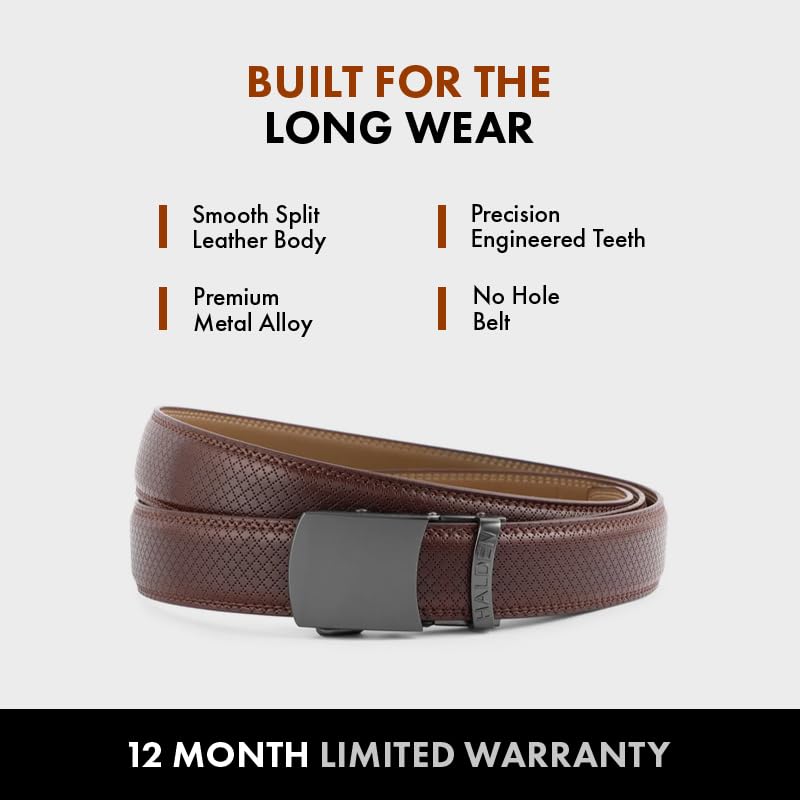 Image of HALDEN THEO Brown Belt For Men Leather Original (Adjustable Fits Up to 44 Inch Waist) Ratchet Strap with Classic Buckle & Magnetic Auto-lock
