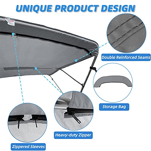 Zenicham 3 Bow Fade And Crack Resistant Bimini Top Replacement Cover, 600D Marine Grade Polyester Waterproof Sun Shade Boat Canopy, Easy Install Zipper Sleeves Boat Awning, Grey 6'L 67"-72" W #TOP2