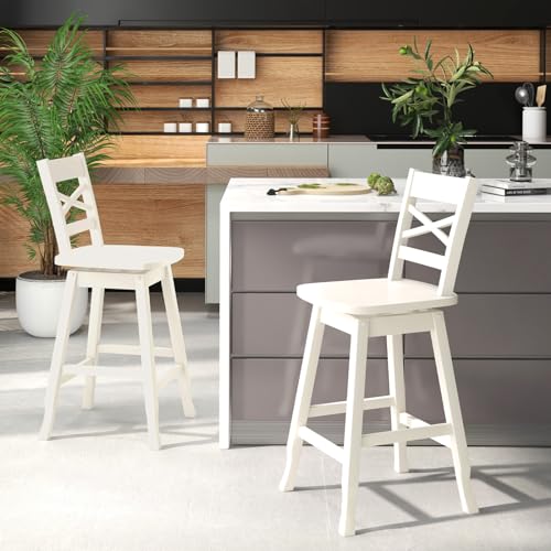 COSTWAY Butaco Altura de Mostrador 24 Pulgadas Juego de 2, Silla de Bar Giratoria de Madera de Caucho con Respaldo Inclinado, Asiento Curvado y Reposapiés, Silla de Barra para Isla de Cocina y Pub (2, Crema) miniatura 4