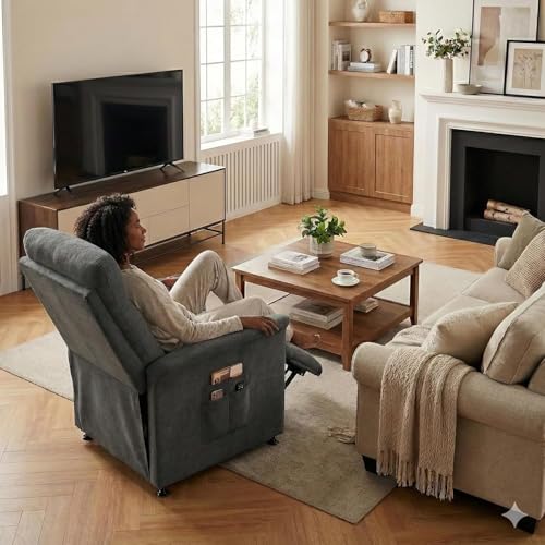 Image of Power Recliner Chair for Adults with Heat & Massage - Soft Fabric Electric Reclining Sofa with Remote Control, 3 Side Pockets, 180 Lay Sleeper for Living Room Home Theater, Dark Grey