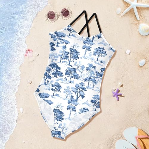 Blue Forest Tree Girls One Piece Swimsuits Quick Dry Beach Swimwear Bathing Suit3