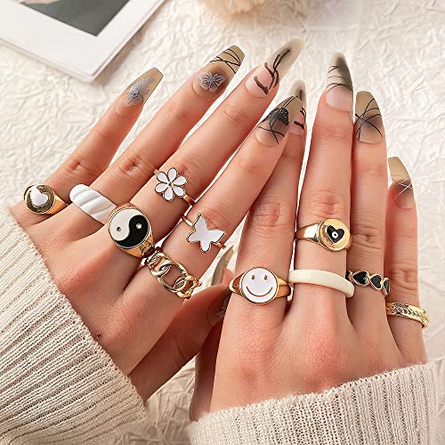Kiss Wife Cute Rings Aesthetic Rings For Girls Women Y2K Preppy Jewelry Gold Stackable Joint Finger Rings For Teen Girls Smiley Face Butterfly Flower Rings Pack Gift For Her (11-Piece Set) #TOP7