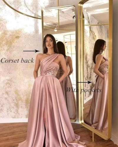 One Shoulder Satin Prom Dress with High Slit A Line Ball Gown Long Evening Formal Dress for Women2