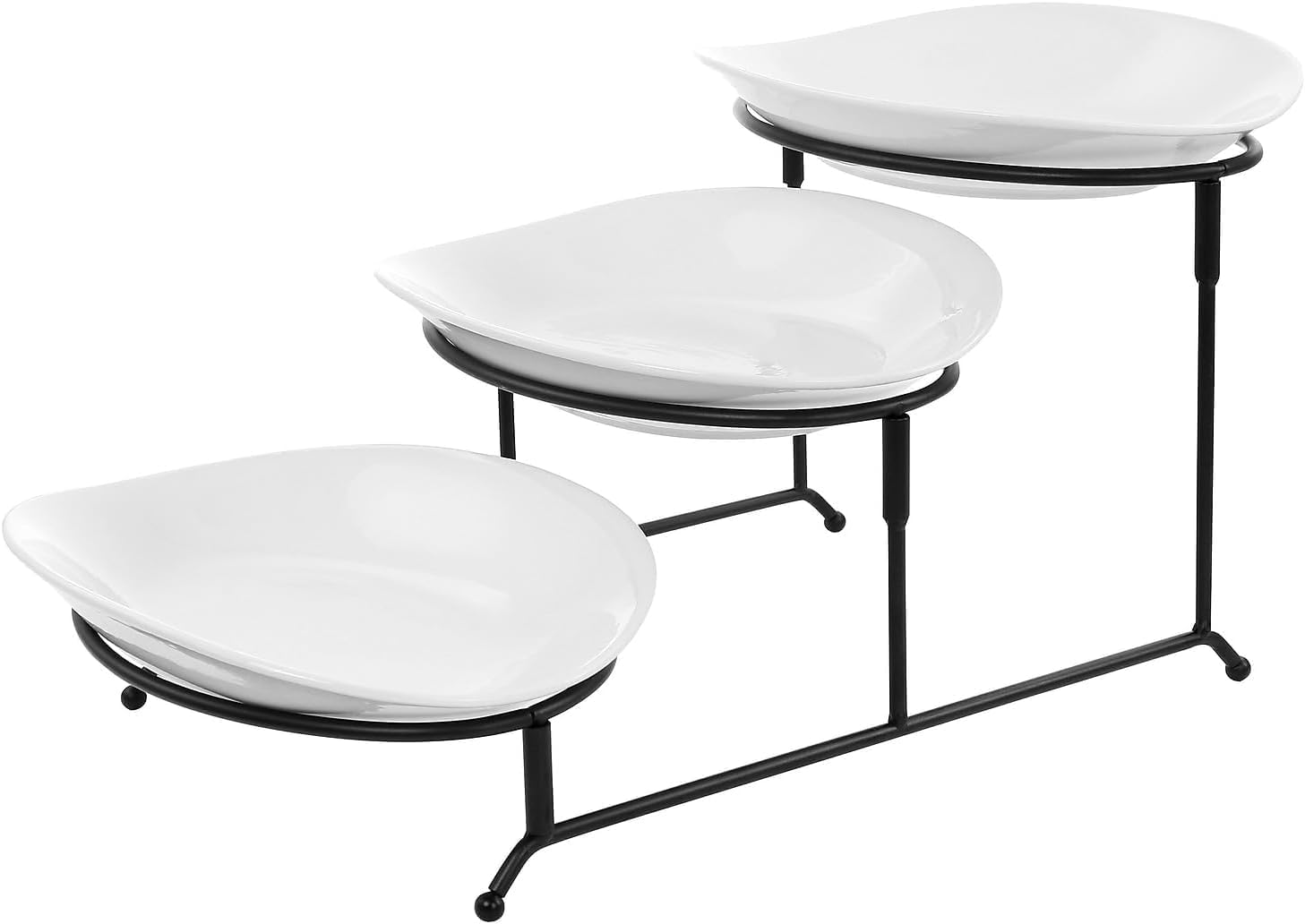 3 Tier Oval Porcelain Serving Tray Set – Tiered Dessert Appetizer Server with Metal Rack for Parties, Snacks, and Kitchen Counter Display