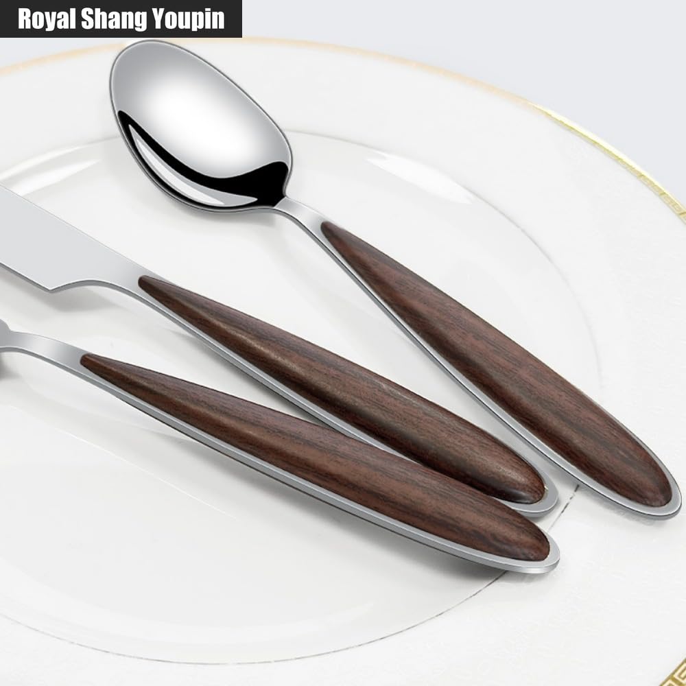 Cucina Imitazione Grano Del Legno Manico in Acciaio Inox Posate Da Tavola Posate Set Di Posate Coltello Da Bistecca Forchetta Cucchiaio Cucchiaino (A,20 pezzi)