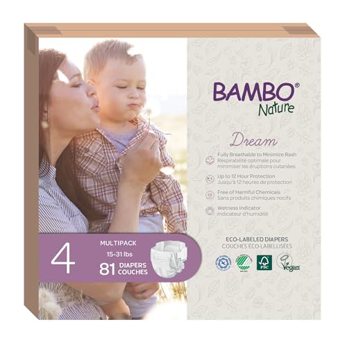 Image of Bambo Nature Hypoallergenic Dream Baby Diapers, Premium Eco-Labeled Sustainable Diapers, Enhanced Leakage Protection, Totally Chlorine-free, Skin Friendly, and Super Absorbent - Size 4 (81 Count)