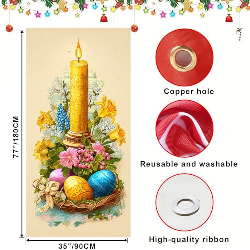 Image of Religious Easter Door Cover Candle and Eggs Banner Vintage Jesus Easter Door Decorations Home Party Outdoor Decor 35.4x71 Inch