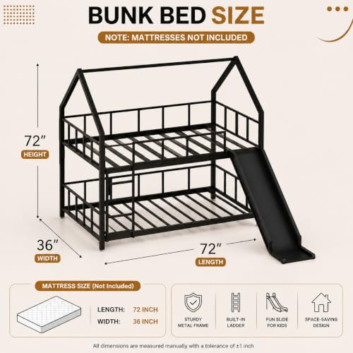 Image of Metal Bunk Bed for Kids & Adults,Twin Over Twin Double Decker BunkBed for Bedroom,House shape Bed,Heavy Duty Space Saving Steel Bed with Ladder & Safety Guard Rails,Childbed, KidsBunk Bed for Bedroom