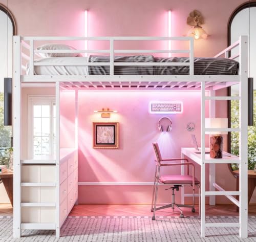Image of Bellemave Metal Full Loft Bed Frame with Desk, Storage Drawers,USB,Mirror for Adults, Kids,Teens,White