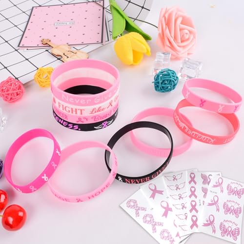 120 Pcs Breast Cancer Bracelets with 20 Pcs Stickers, Pink Ribbon Breast Cancer Awareness Accessories Bracelet, Pink Ribbon Hope Faith Strength Courage Accessories Wristbands for Women2