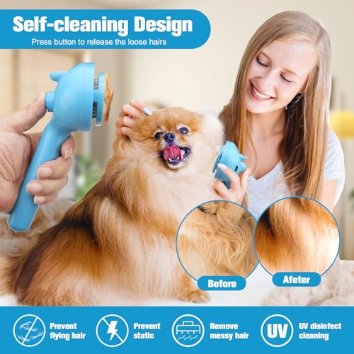 Image of 4-in-1 Pet Steam Brush for Dogs,Self-Cleaning Cat&Dog Brush for Shedding Long & Short Haired Dogs,Gentle Cat Steam Brushes for Indoor Cats with Spary Pet Hair Remover for Massage,Grooming Blue
