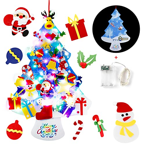 Coxeer DIY Felt Christmas Tree Set with 30 Detachable Ornaments String LED Light Kit Wall Decor Hanging for Toddlers Kids New Year Xmas Home Decoration