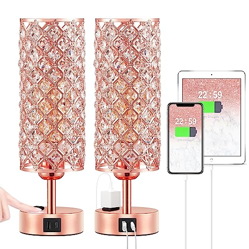 Image of Hong-in Rose Gold Lamp Set of 2, 3-Way Crystal Table Lamp Touch Control with USB-C+A & AC Ports, Dimmable Nightstand Desk Light, Pink Bedside Table Lamp for Bedroom(Bulb Included & Set of 2)