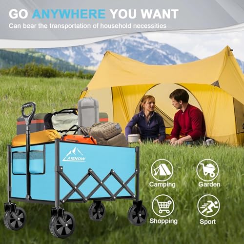 Image of Collapsible Folding Wagon Cart, 350LBS Utility Large Capacity Cart Foldable Wagon with All Terrain Wheels, Grocery Wagons Carts for Garden Shopping Sports Camping, Light Blue