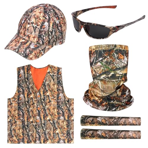 Yewong 5 Pieces Camouflage Outdoors Hunting Vest and Hat Set for Men Women Hiking Fishing Jungle Game (Leaves Pattern-B)