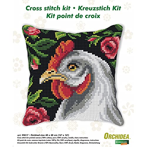 Kit point de croix coussin Poule Orchidea avec canevas peint facile à broder