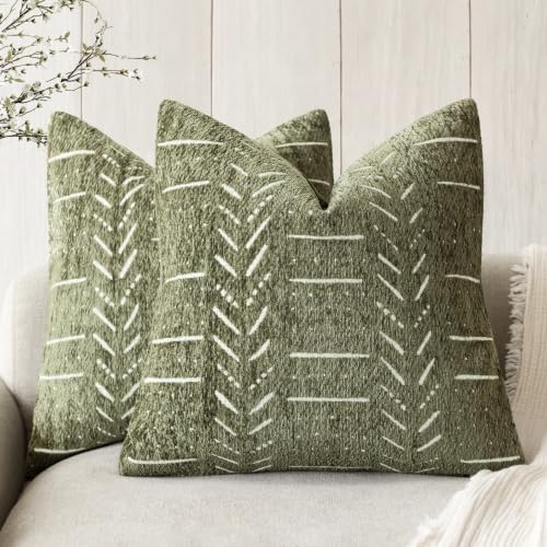 Image of Foindtower Set of 2 Decorative Chenille Jacquard Throw Pillow Covers Textured Farmhouse Vintage Cushion Cover Neutral Boho Accent Home Decor For Sofa Chair Couch Bed Living Room,18x18 Inch,Olive Green