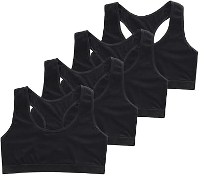 4 Pack Girls Unpadded Bra Seamless Breathable Cotton Bra Wireless Lightweight Sports Bras Girls Crop Tops for 9-14 Years Black
