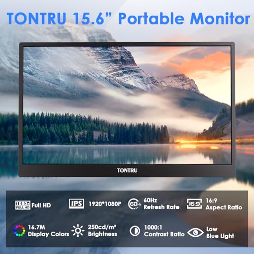 Image of Portable Monitor, 15.6 inch FHD 1080P IPS Screen with Low Blue Light, Dual Speakers & 3.5mm Audio Jack, Adjustable Stand, USB-C /HDMI Compatibility for Laptop, PC, Phone, Gaming Console
