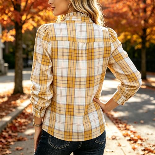 Womens Gingham Top Dressy Casual Long Sleeve Henley Ruffle Shirt - image 7