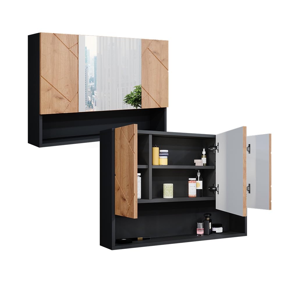 Vicco Specchio contenitore bagno Irma Rovere dorato/antracite 80.1x55 cm | con specchio e ripiani aperti per montaggio a parete