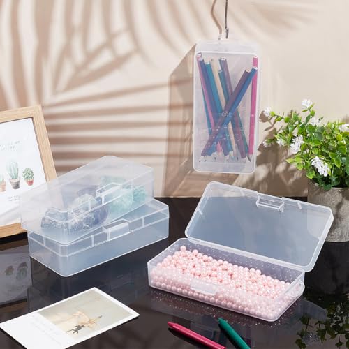 Image of BENECREAT 4 Packs Rectangle Plastic Container Box, 7x3.3x1.2 Inch Clear Storage Organizer with Hinged Lid and Hanging Hole for Small Craft Accessories Office Supplies