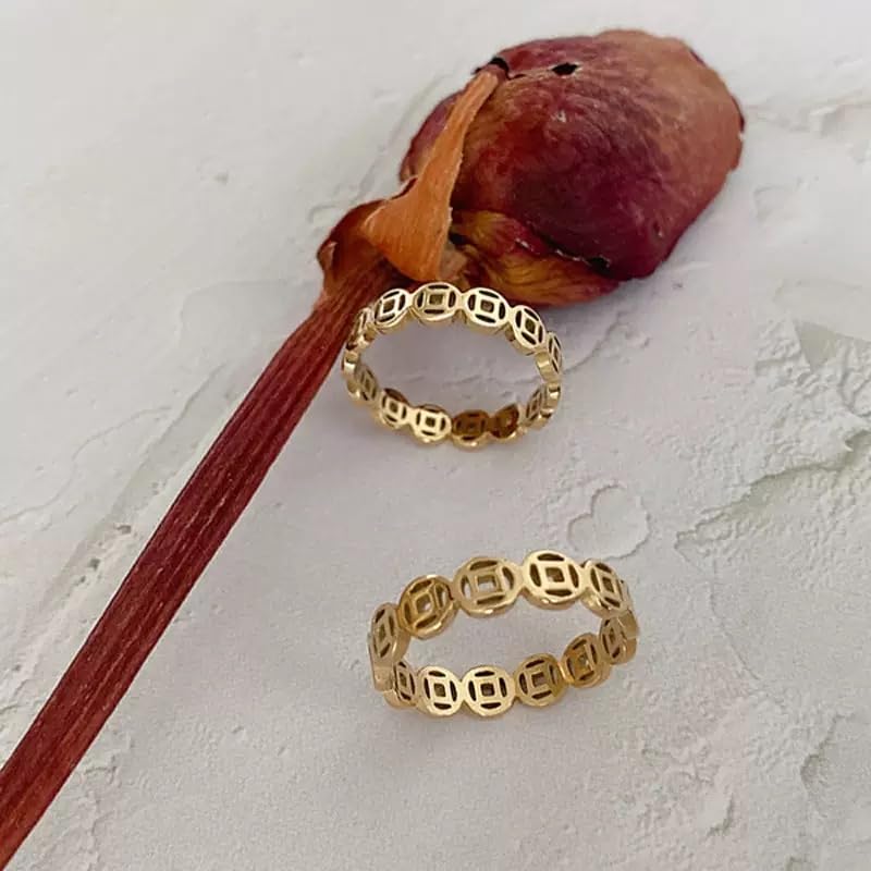 ENDLESSNESS & ETERNITY Lucky Feng Shui Copper Coin Band Ring 14K Gold Plated Stainless Steel Money Wealth Band Boost Energy4