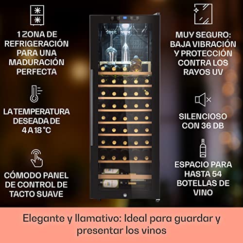 KLARSTEIN Vinoteca 54 Botellas, Nevera Vinos de una Zona, Nevera Expositora Vino y Cerveza, Vinoteca Pequeña Interior y Exterior con Puerta de Cristal, Nevera Vino Protección UV, Panel Táctil, 4-18°C - imagen 2