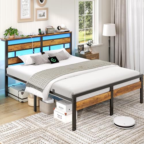 Brinlawb Bett 120x200 mit Lattenrost aus Metall, Doppelbett Bettgestell 120x200cm mit LED Beleuchtung und Ladestation (2 AC-Steckdosen, 1 USB-Anschluss und 1 Type-C-Anschluss) Metallbett mit Kopfteil