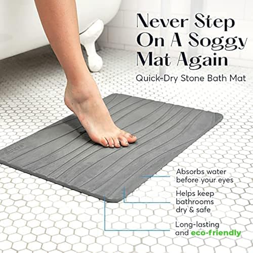 Image of SUTERA Rubber- Stone Bath Mat, Diatomaceous Earth Shower Rectangular Shape Mat, Non-Slip Super Absorbent Quick Drying Bathroom Floor Mat, Natural, Easy to Clean (Dark Grey Straight.)
