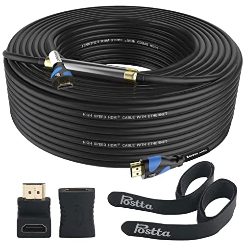 Image of Postta HDMI Cable 100 Feet with Built-in Signal Booster HDMI 2.0V Cable with 2 Piece Cable Ties+2 Piece HDMI Adapters Support 3D,1080P,Ethernet,Audio Return-1 Pack