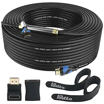 HDMI Cable 100 Feet with Built-in Signal Booster-Postta HDMI 2.0V Cable with 2 Piece Cable Ties+2 Piece HDMI Adapters Support 3D,1080P,Ethernet,Audio Return & Ultra HD-1 Pack