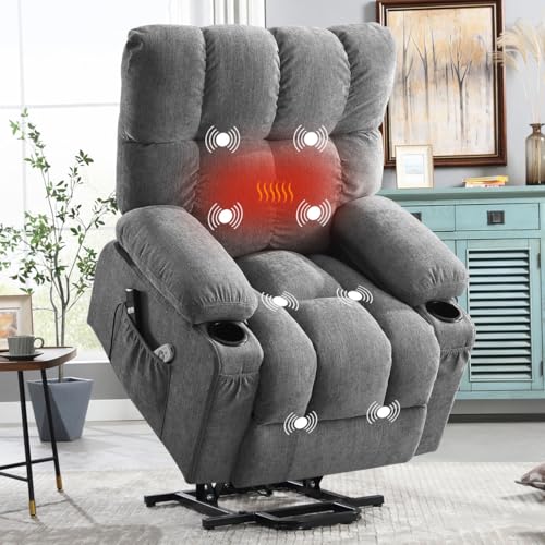 Image of BOSMILLER Power Lift Recliner Chair with Massage and Heat for Elderly, Electric Recliner Single Sofa with Two Cup Holders, Extended Footrest, Side Pocket and USB Charge Port for Living Room