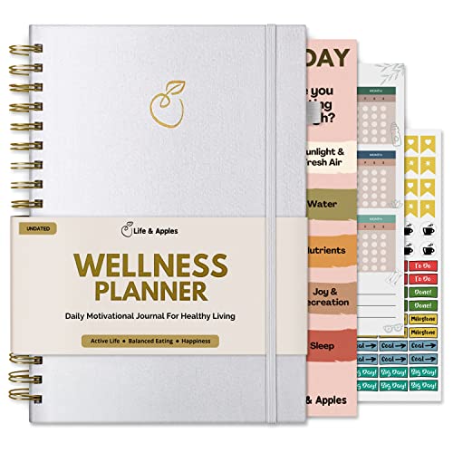 Life & Apples Wellness Planner Pro For Healthy Living - With Agenda, Food Journal, Gratitude, Fitness And Self-Care - Track Weight Loss Diet, Physical And Mental Health Goals - Undated, White Linen #TOP30
