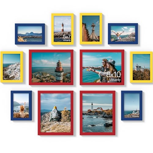 Image of Vittanly 12 Pack Picture Frames Collage Wall Decor for Mounting or Tabletop Display, Gallery Wall Frame Set for Family, Multi Sizes Including 4pcs 8x10, 4pcs 5x7, 4pcs 4x6, Red & Yellow & Blue