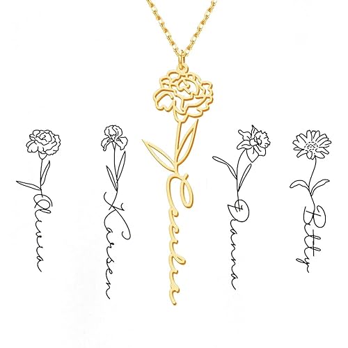 Custom Birth Flower Name Necklace Personalized 18K Gold Plated Birth Month Flower Necklace Dainty Floral Pendant Jewelry Mothers Birthday Gift for
