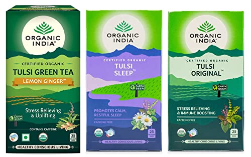 Image of Organic India Tulsi Green - 25 x 1.8g Lemon Ginger Tea Bags & Original, 25 Infusion & Sleep Tea Bags