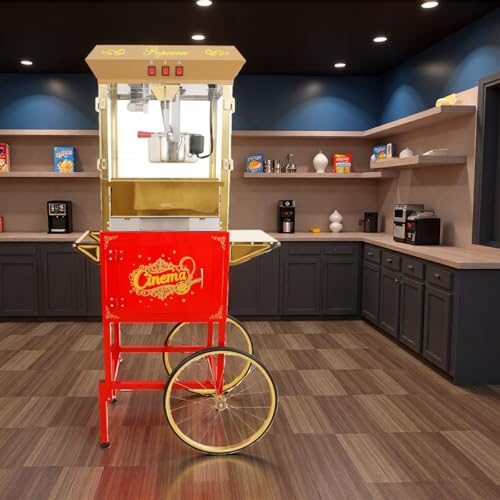 Image of 16 Oz Commercial Popcorn Machin with Cart, Vintage Theater Style Popcorn Cart, Bring Home the Fun with Theater Style Popcorn Machine, Red
