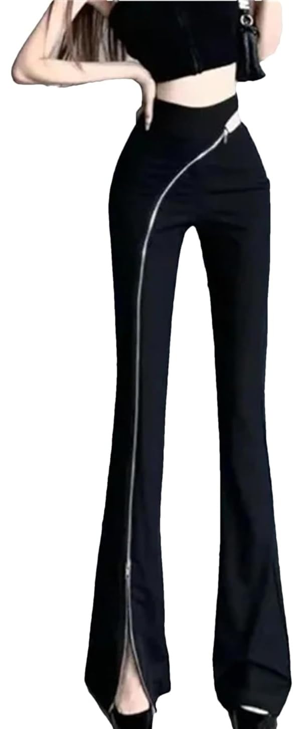 Womens Trendy Zipper Flare Trousers High Waist Slim Fit Office Pants